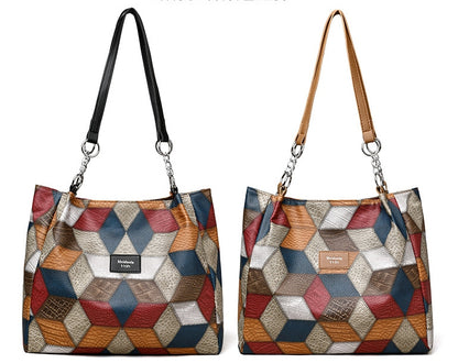 retro geometric pattern color matching shoulder bag fashion large capacity stitching handbag for women totes