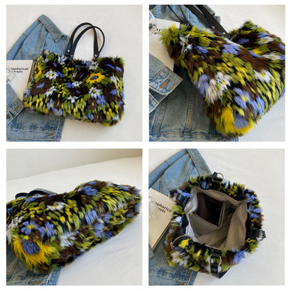 winter plush bags women flowers shoulder bag handbag