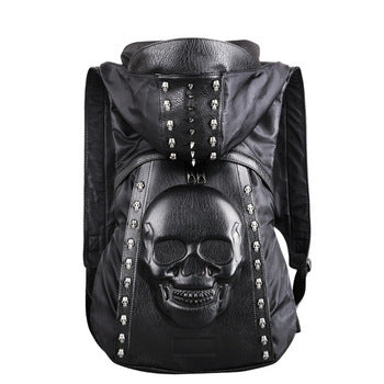 mens black leather 3d rivet backpack with hood cap