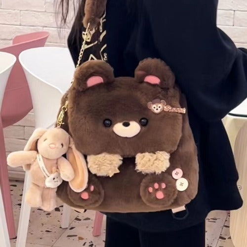 large capacity cute personality plush bear backpack for women