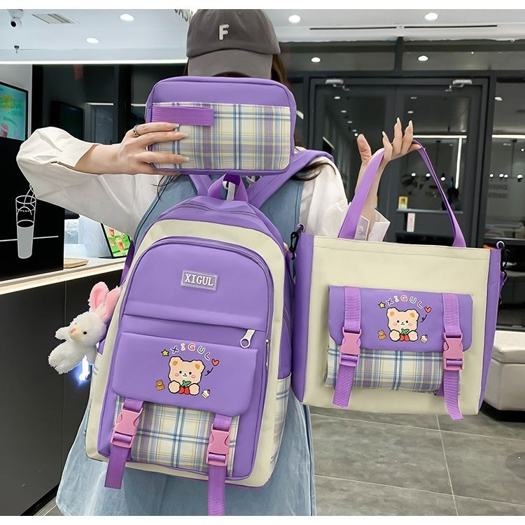 large capacity high school plaid three piece set junior high school student elementary school studebt backpack