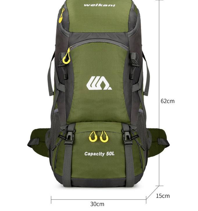 men and women on foot camping bag