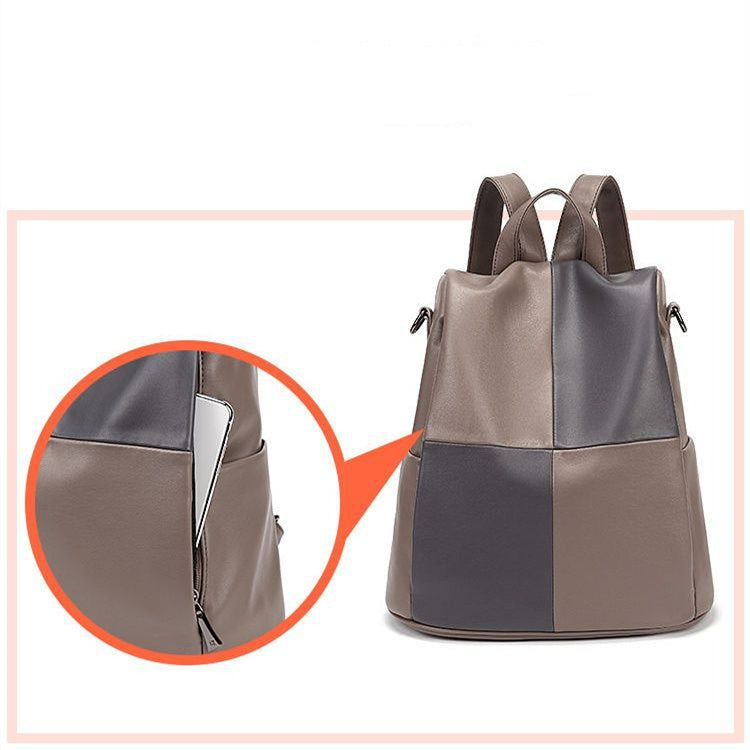 fashion stitching contrast color soft leather backpack