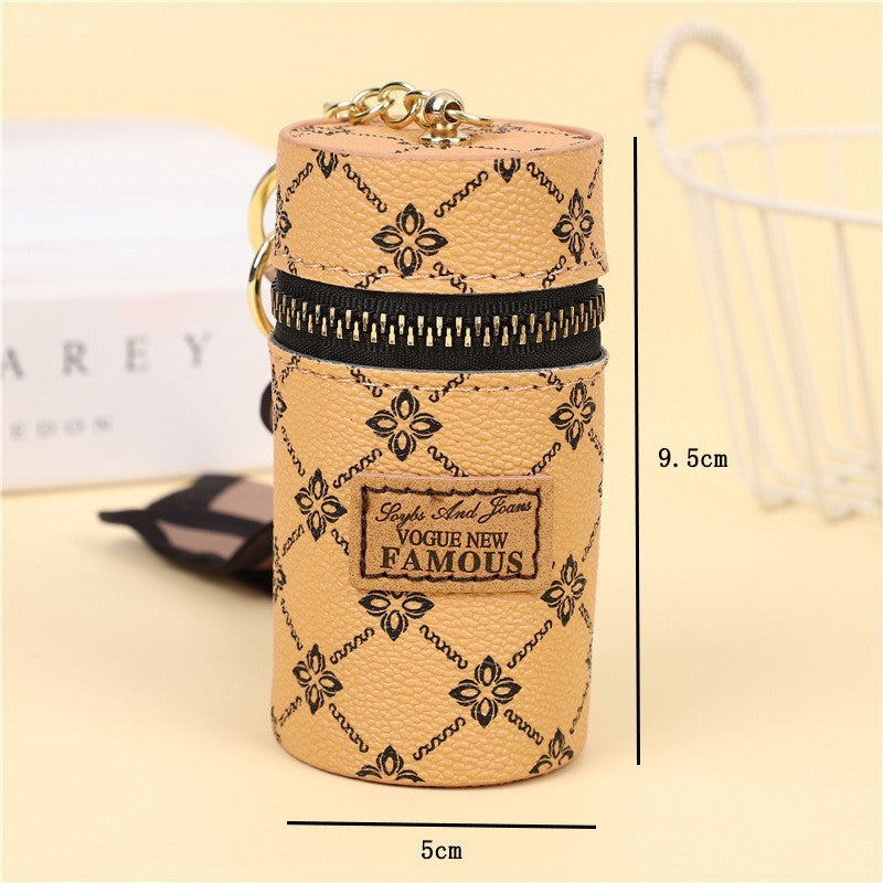 creative bucket coin purse vintage printed mini lipstick key storage car key chain pendant
