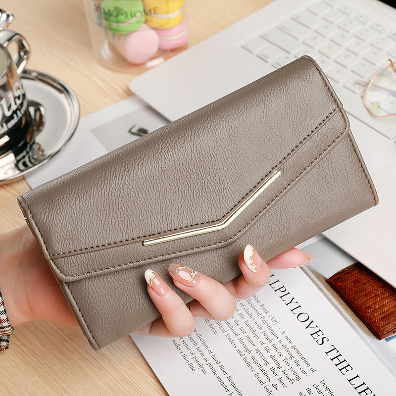 womens long three fold stitching fashion multi card slot leather oil wax leather large capacity wallet