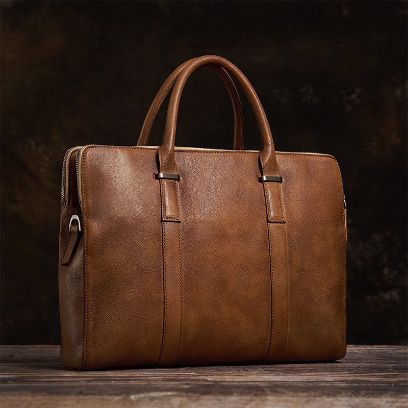 vintage vegetable tanned leather mens first layer cowhide casual business handbag