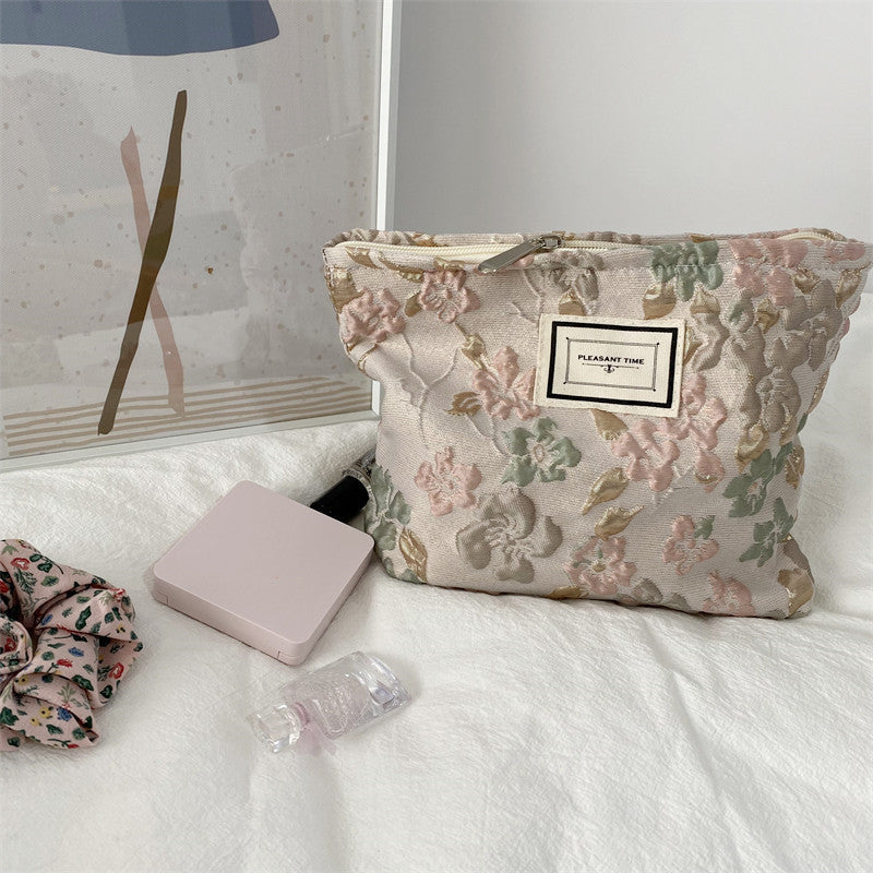 simple french embossed flower cosmetic bag