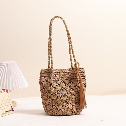 fashion tassel shoulder straw bag fan hollow beach bag