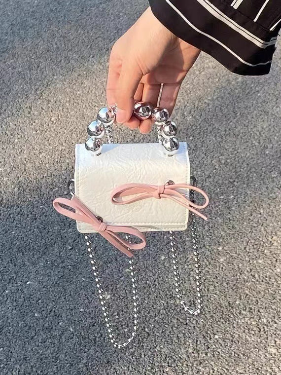 textured cute bow mini chain handbag