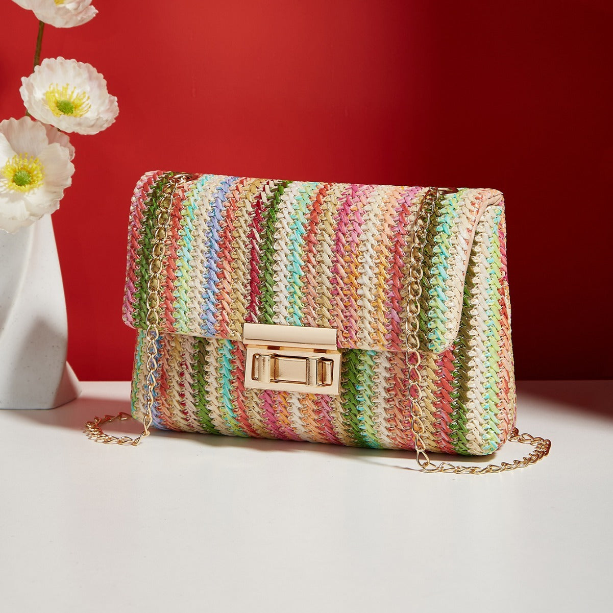 fashion crossbody bag straw lock closure simple small square bag