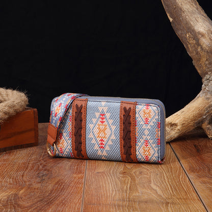 vintage cotton and linen printed bohemian style lady hand carrying wallet card holder