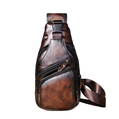 mens simple top layer cowhide chest bag