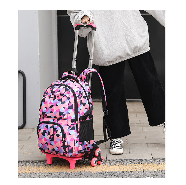 primary school girl with trolley bag