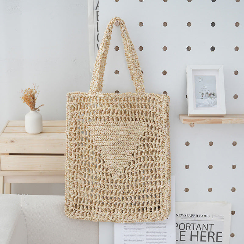 straw woven crocheted shoulder hollow out woven bag