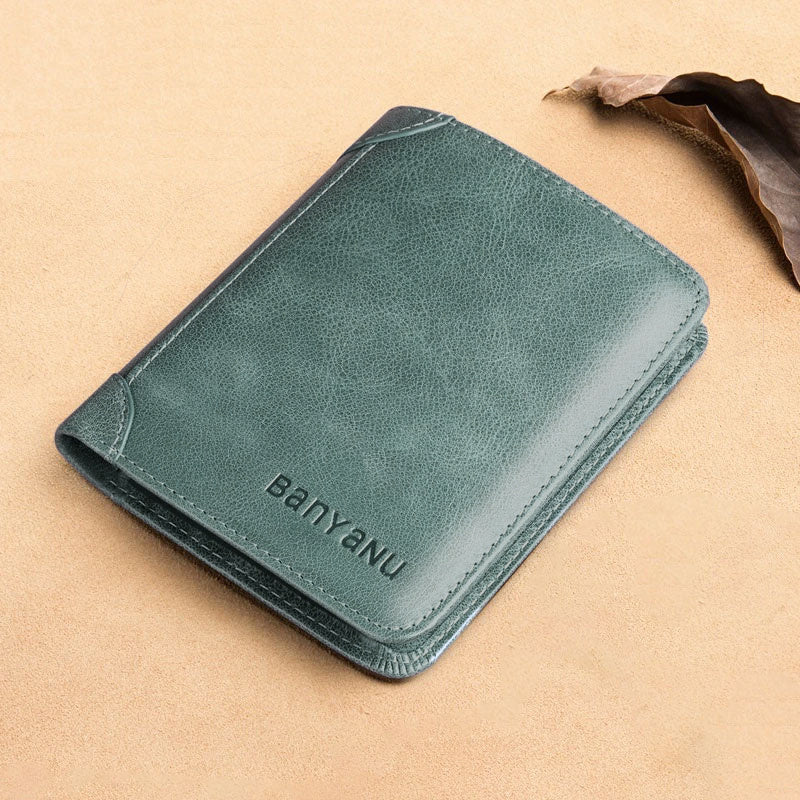 mens short matte leather tri fold vertical wallet