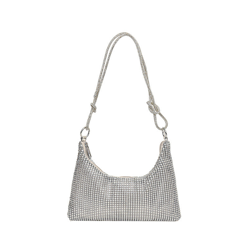 Women's Solid-Color Shiny Faux Rhinestone Zipper-Knotted Shoulder Bag