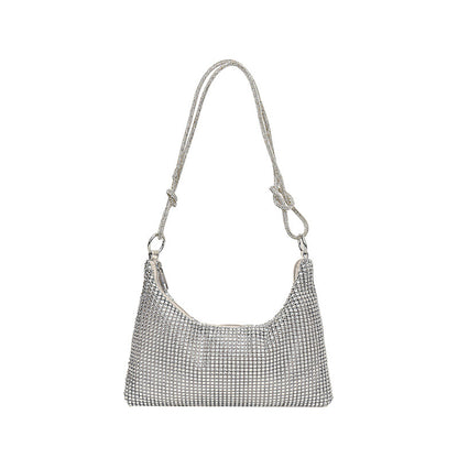Women's Solid-Color Shiny Faux Rhinestone Zipper-Knotted Shoulder Bag