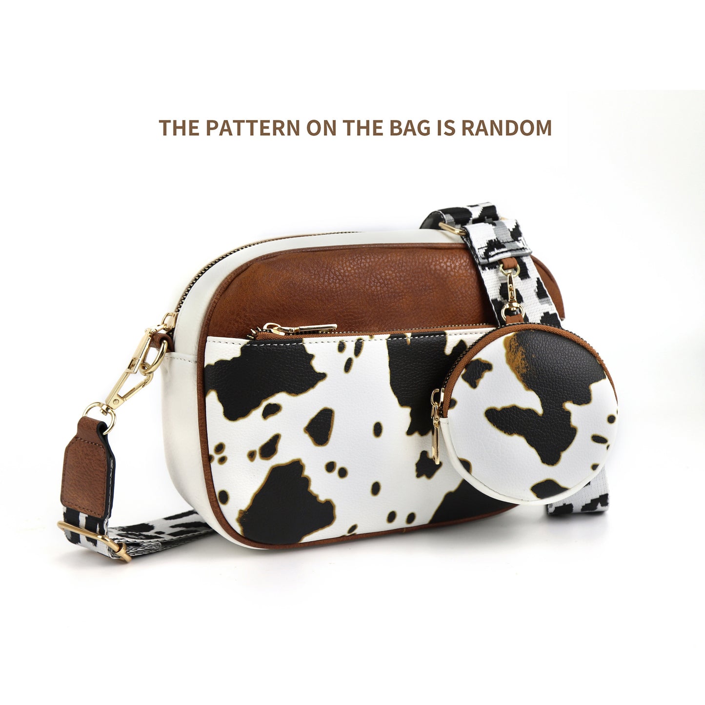 cow color matching multifunctional zipper crossbody bag