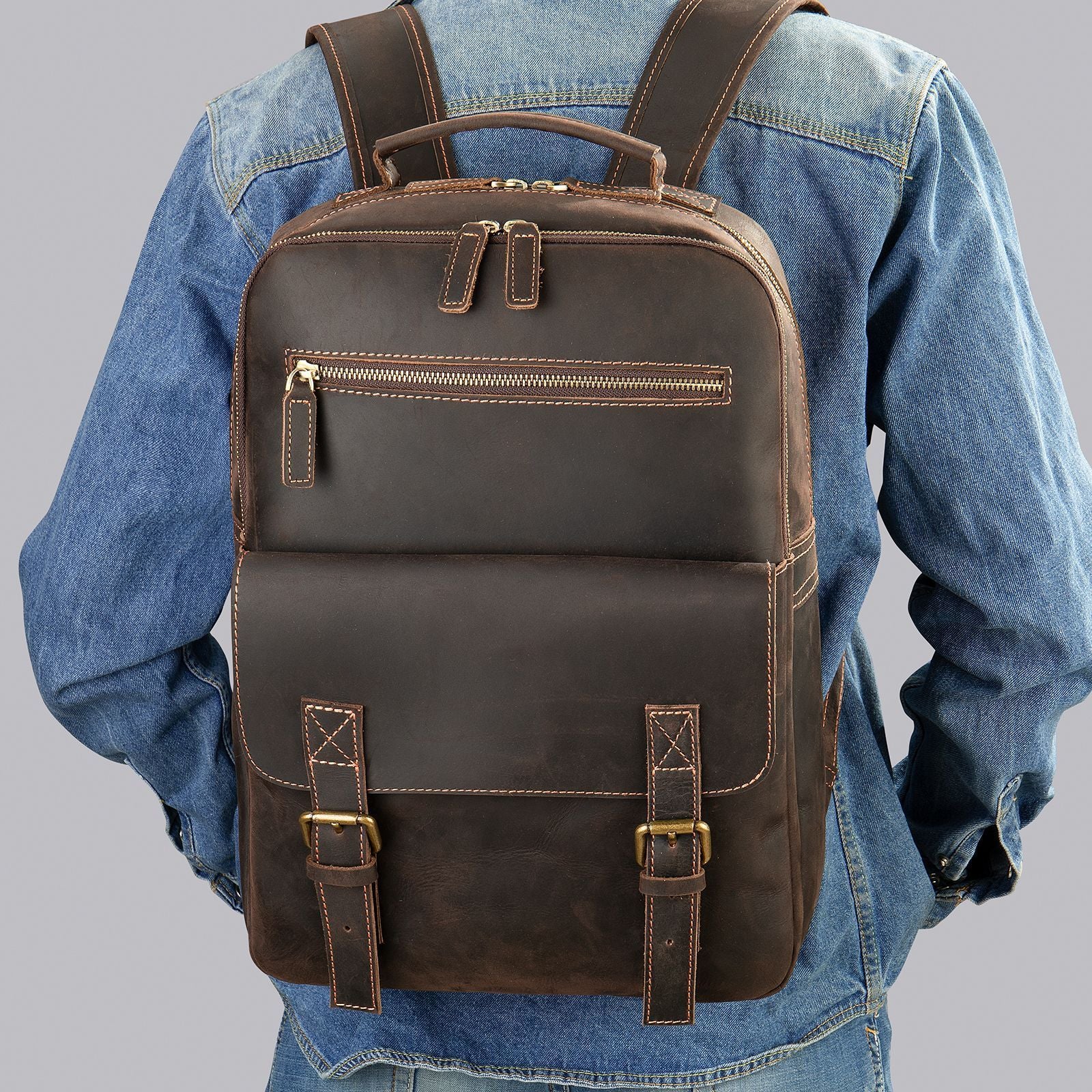 crazy horse leather retro mens large capacity backpack