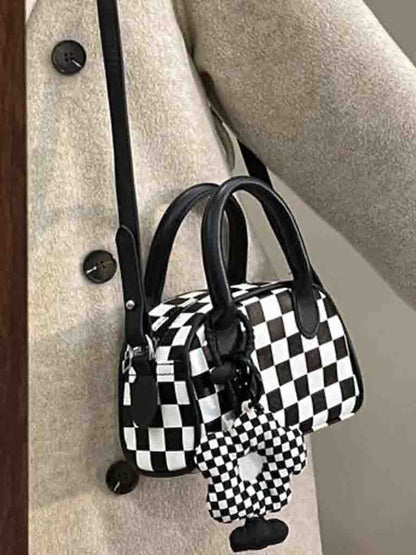 new handbag small flower pendant checkerboard bag niche design fashion