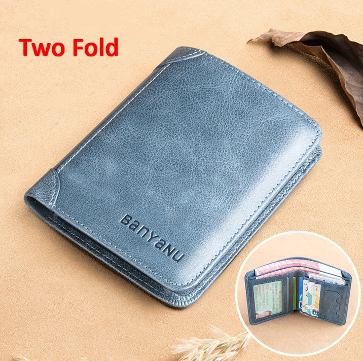 mens short matte leather tri fold vertical wallet