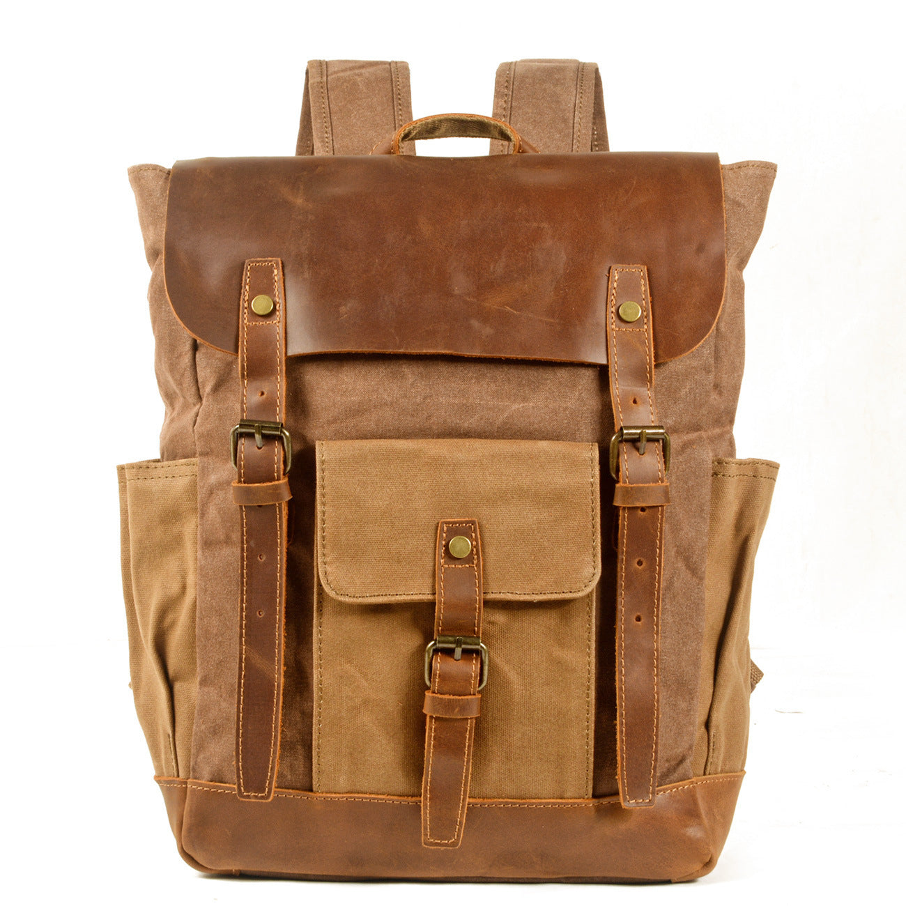 canvas stitching crazy horse leather backpack oil wax waterproof computer schoolbag