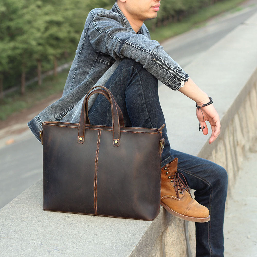 simple retro leather portable briefcase crazy horse leather mens shoulder messenger bag