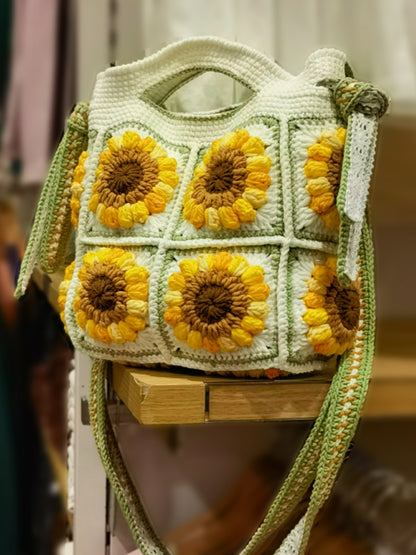 wool crocheted hand held crossbody dual use sweet hand woven sunflower womens bag