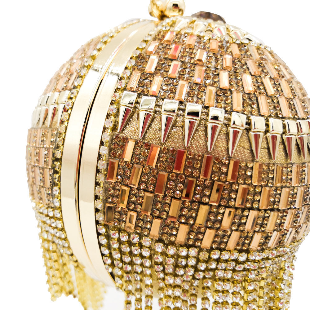 round dinner bag with diamond stickers spherical tassel bag hot diamond handbag chain bag