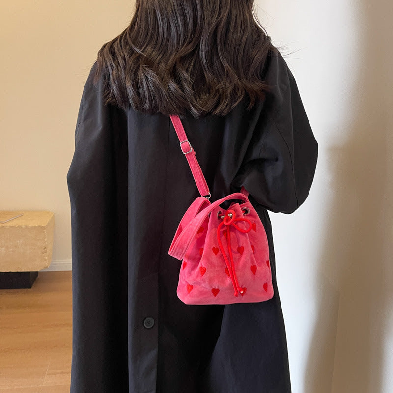 embroidery love pull belt shoulder messenger textured mini bucket bag