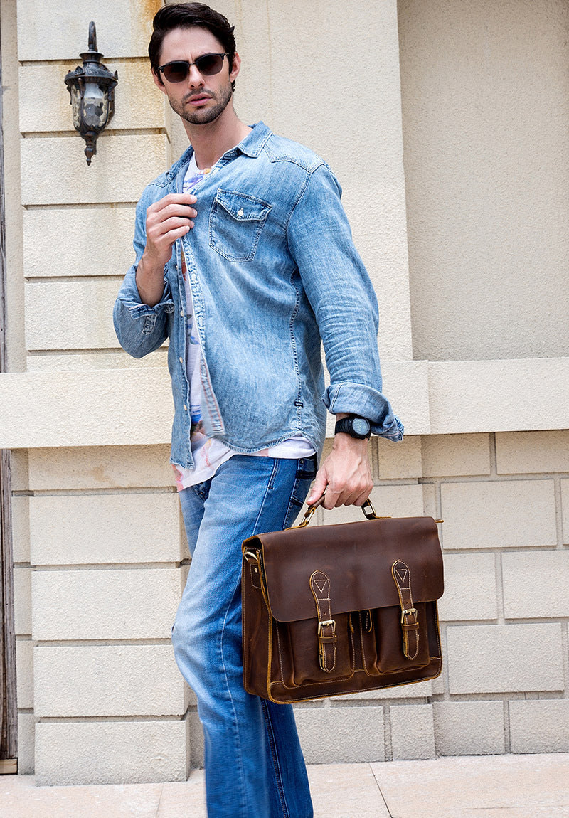 mens fashion personality leather retro portable briefcase