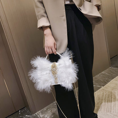 pearl chain diamond studded fur dinner plush bag