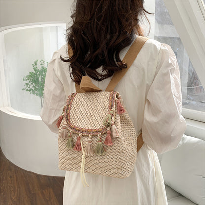 western style travel womens straw backpack bohemian style tassel bag