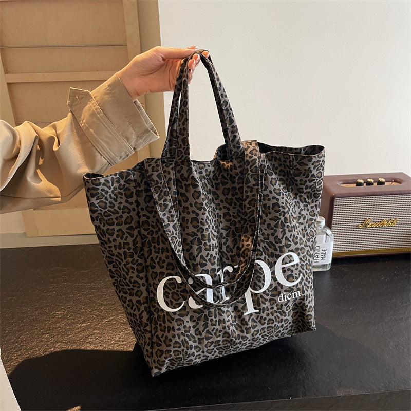 unique one shoulder leopard print large capacity canvas bag