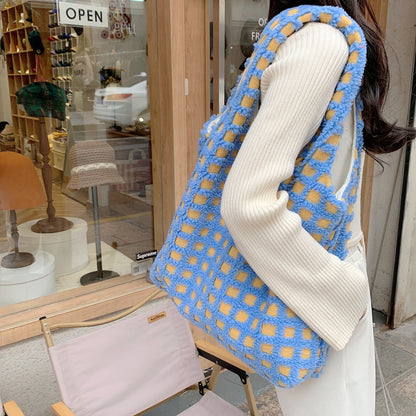 waffle-flannel-bag-tote-bag-large-capacity-commute-minimalist-student-class-bag