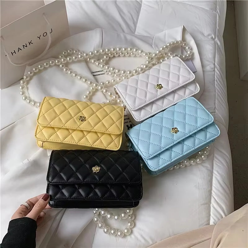 new diamond grid pearl chain womens cross body bag