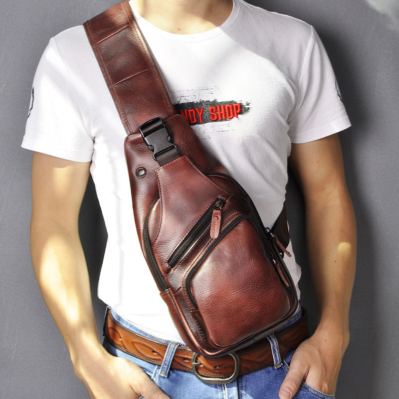 mens simple top layer cowhide chest bag