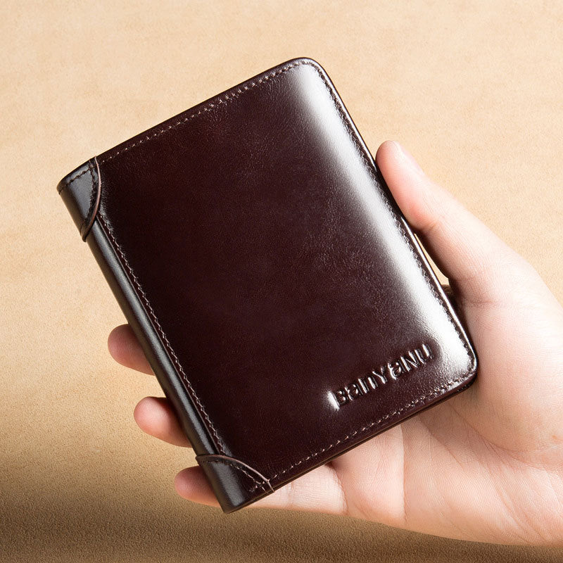 mens short matte leather tri fold vertical wallet