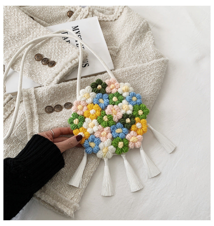 ethnic fluffy bag for women 2025 new fashion trend floral small round bag stylish and versatile can be worn on one shoulder or cross body