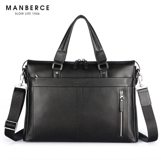 manbers brand real leather business and leisure handbag official document of baotou layer mens single shoulder large capacity package