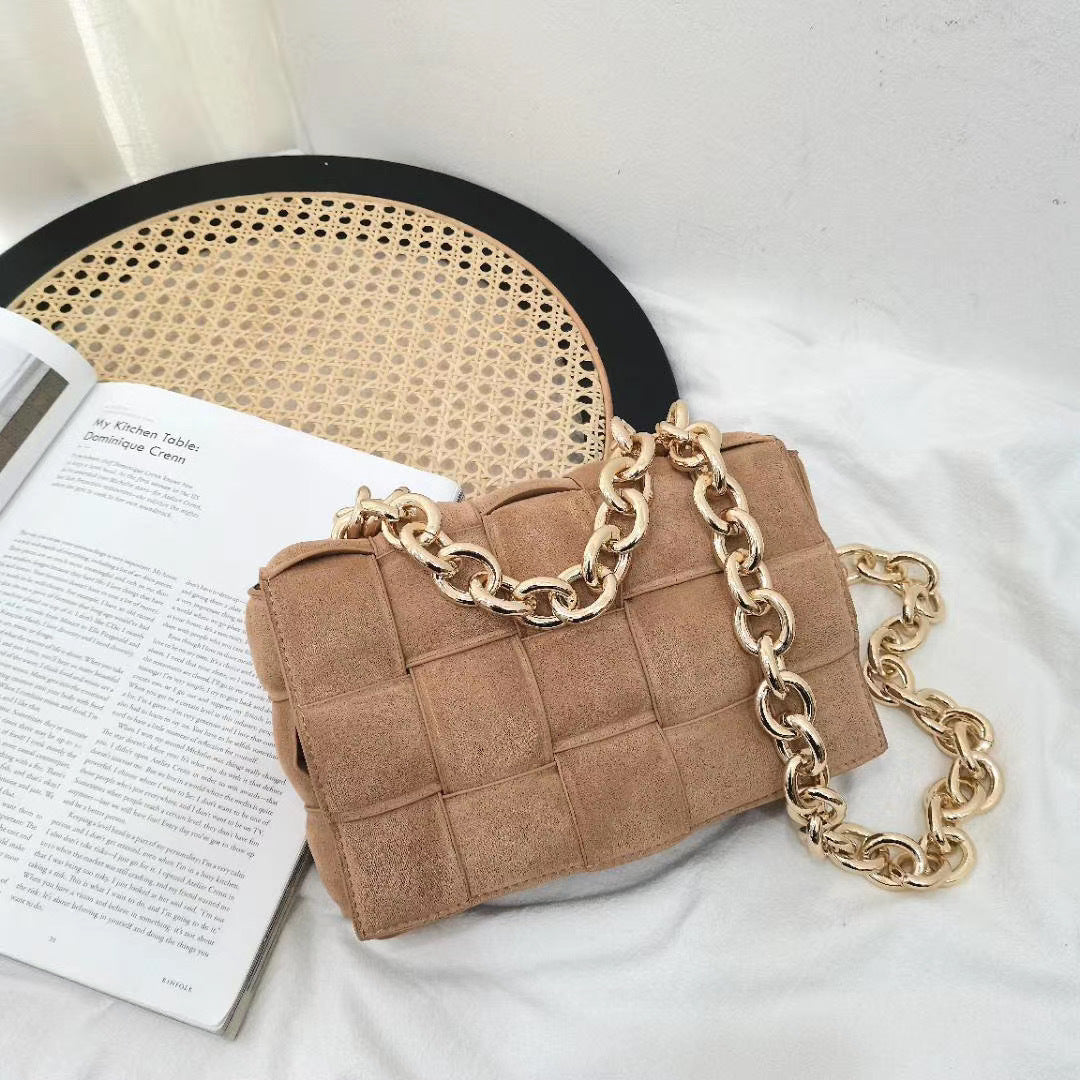 woven small square bag metal chain bag