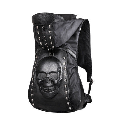 mens black leather 3d rivet backpack with hood cap