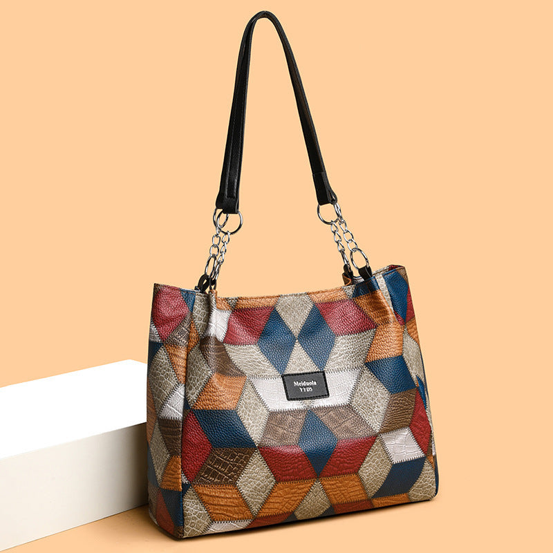 retro geometric pattern color matching shoulder bag fashion large capacity stitching handbag for women totes