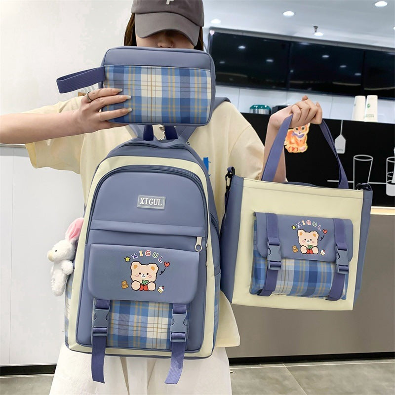 large capacity high school plaid three piece set junior high school student elementary school studebt backpack