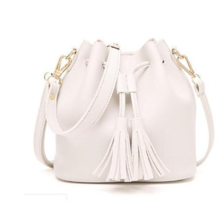 vintage fashion small women leather bucket bag handbag tassel drawstring shoulder bag