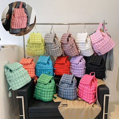 candy color quilted women backpack puffy down padded school bag large cotton travel back pack bags for women plaids shoulder bag