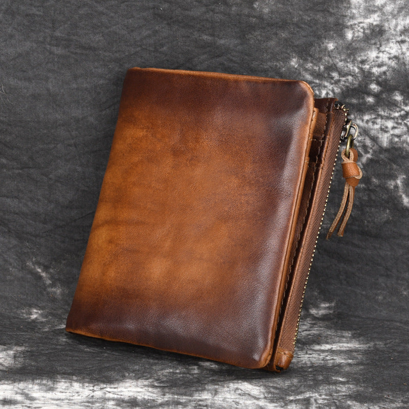 cowhide retro double zipper men wallet