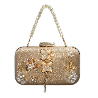 diamond studded pearl petal chain tassel dinner bag