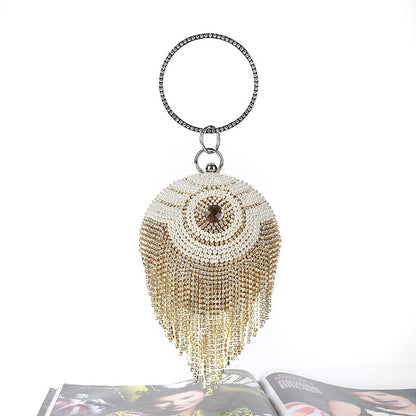 round dinner bag with diamond stickers spherical tassel bag hot diamond handbag chain bag