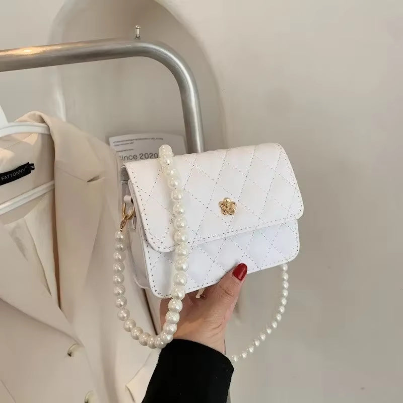 new diamond grid pearl chain womens cross body bag